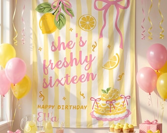 Personalized Freshly Sixteen Birthday Tapestry, Lemon Pink Bow Party Backdrop, Custom Name Girl Birthday Banner, Yellow Striped Wall Hanging