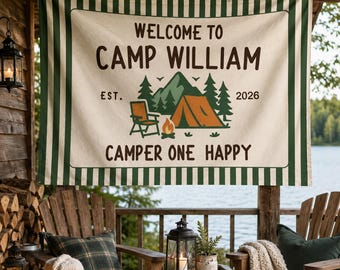 Personalized Camp Tapestry, Custom Family Camping Banner, Welcome To Camp Wall Decor, Camper One Happy Sign,Outdoor Adventure Party Backdrop