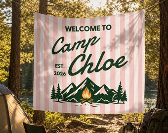 Personalized Camp Tapestry, Custom Camp Backdrop, Pink Striped Camping Party Wall Hanging, Forest Tent Campfire Decor, Kids Camp Theme