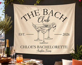 Tapisserie pour enterrement de vie de jeune fille « The Bach Club », toile de fond personnalisée, tenture murale personnalisée avec le nom de la future mariée, décoration pour fête prénuptiale, tapisserie pour club social