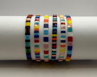 Handmade Miyuki Tila Tile Bracelet – Multicolored Beaded Elastic Stacking Jewelry