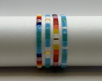 Handmade Miyuki Tila Tile Bracelet – Multicolored Beaded Elastic Stacking Jewelry Sunset design