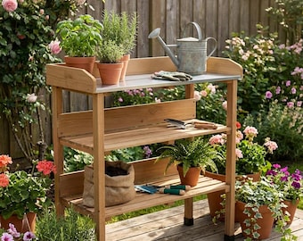 Outdoor Garden Potting Bench – Wooden Planting Station with Metal Top & Storage Shelf (3 Hooks)