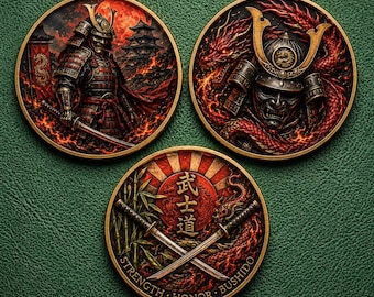Fire Dragon Samurai Coin Set of 3, Color Printed Bushido Challenge Coins, Japanese Warrior Dragon Collectible Gift