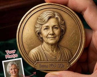 Custom Memorial Portrait Coin, Personalized Gold Metal Photo Coin, Name Date Remembrance Keepsake, Sympathy Gift