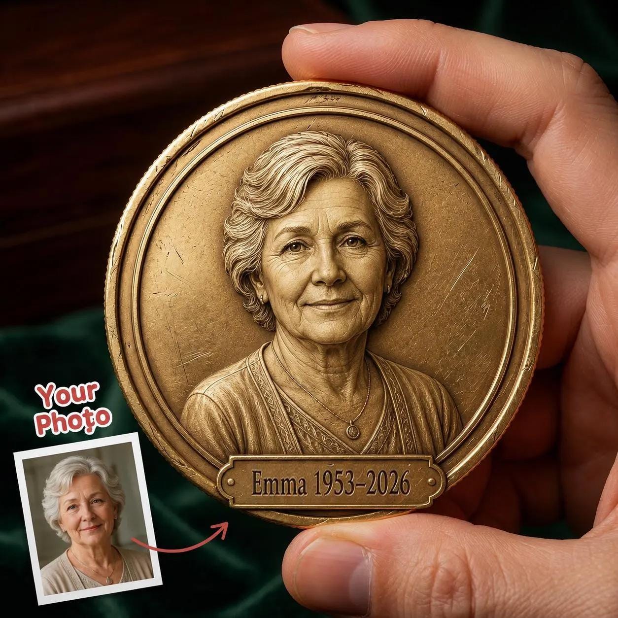 Custom Memorial Portrait Coin, Personalized Gold Metal Photo Coin, Name ...