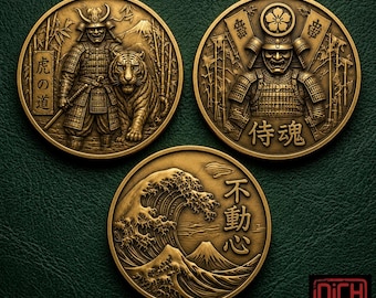 Set of 3 Tiger Samurai Coins, Antique Bronze Japanese Bushido Token Pack, Unique Birthday Gift for Dad Husband Men