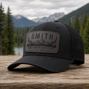May include: A black trucker hat featuring a rectangular grey patch on the front. The patch displays the text SMITH above a graphic of mountains, pine trees, and antlers, with the text HIGH COUNTRY OUTFITTERS EST. 2026 printed below the graphic.