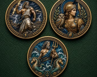 Greek Mythology Coin Set, Custom Challenge Coin, Zeus Athena Poseidon Medallion, Greek Gods Token, Mythology Lover Gift