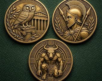 Spartan Owl Minotaur Coin, Greek Mythology Set, Ancient Warrior Medallion, Labyrinth Monster Token, History Buff Gift