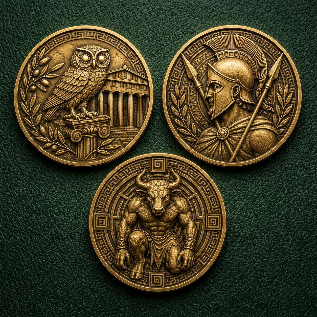 Spartan Owl Minotaur Coin, Greek Mythology Set, Ancient Warrior Medallion, Labyrinth Monster Token, 