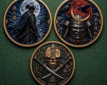 Moonlit Ronin Samurai Coin Set of 3, Color Printed Bushido Challenge Coins, Japanese Warrior Collectible Gift for Men