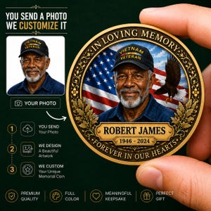 May include: A circular memorial coin featuring a portrait of a man wearing a Vietnam Veteran cap, set against an American flag background with a bald eagle. The text reads IN LOVING MEMORY, ROBERT JAMES, 1946-2024, and FOREVER IN OUR HEARTS.