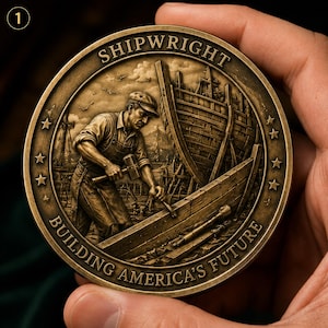 May include: A circular bronze-toned commemorative coin featuring a relief of a shipwright working on a wooden boat hull. The text SHIPWRIGHT is at the top and BUILDING AMERICA'S FUTURE is at the bottom, with stars along the sides of the coin.