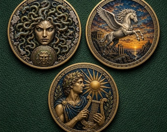 Greek Mythology Coin Set, Custom Challenge Coin, Medusa Pegasus Apollo Medallion, Greek Gods Token, Mythology Lover Gift