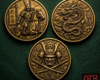 Samurai Dragon Coin Set of 3, Antique Gold Bushido Challenge Coins, Katana Oni Mask Medallion, Gift for Men