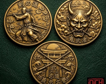 Samurai Warrior Coin Set of 3, Antique Gold Bushido Challenge Coins, Oni Mask Katana Medallions, Gift for Him
