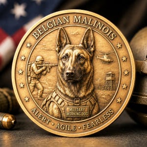 May include: A circular bronze-toned commemorative coin featuring a relief of a Belgian Malinois wearing a tactical vest. The text reads BELGIAN MALINOIS, MILITARY WORKING DOG, ALERT, AGILE, FEARLESS. A soldier with a rifle, a helicopter, and a tower are depicted.