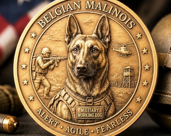 Belgian Malinois Military Working Dog Coin, Gold K9 Challenge Coin, Tactical War Dog Tribute, Alert Agile Fearless Gift