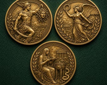 Perseus Coin Set, Delphi Oracle Medallion, Greek Mythology Art, Ancient Goddess Token, Pagan Altar Decor