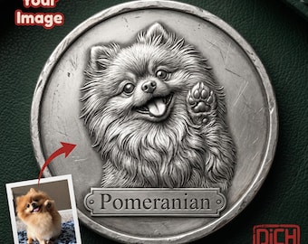 Peut inclure: Médaillon rond argenté avec un relief détaillé d'un chien Poméranien, la langue sortie et la patte levée. Le mot "Pomeranian" est inscrit en dessous. Une petite photo d'un Poméranien est dans le coin inférieur gauche.