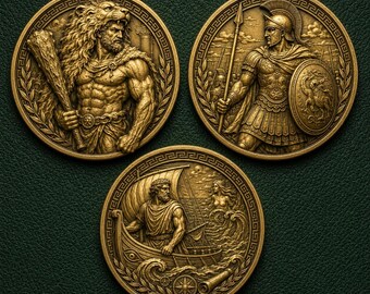 Hercules Achilles Coin, Odysseus Medallion, Greek Heroes Set, Custom Warrior Token, Epic Myth Collectible