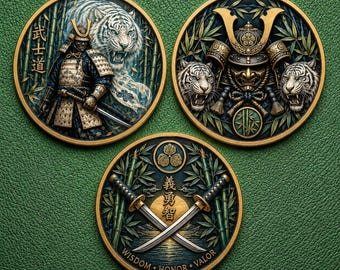 White Tiger Samurai Coin Set of 3, Bamboo Bushido Medallions, Color Printed Wisdom Honor Valor Collector Gift
