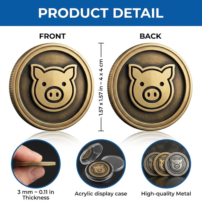 Pig Coin 3D/2D: Vintage Brass Lucky Token, Custom Engraving Available ...