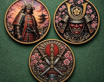 Sakura Samurai Coin Set of 3, Cherry Blossom Japanese Warrior Medallions, Color Printed Bushido Honor Legacy Gift