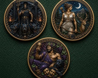 Hades Artemis Coin, Dionysus Medallion, Greek Mythology Set, Custom God Token, Fantasy Collectible