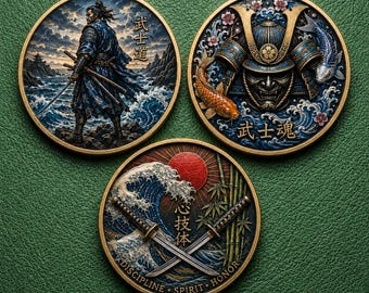 Ocean Wave Samurai Coin Set of 3, Japanese Katana Medallions, Color Printed Discipline Spirit Honor Collector Gift