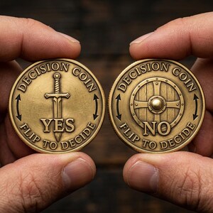 May include: Two gold-colored decision coins are held up, each with a different design. One coin features a sword and the word "YES", the other a shield and the word "NO". Both coins have the text "DECISION COIN" and "FLIP TO DECIDE".
