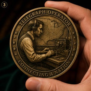 May include: A round bronze-toned commemorative coin featuring a relief of a telegraph operator wearing headphones at a desk with a map of the United States in the background. The text reads TELEGRAPH OPERATOR and CONNECTING A NATION.
