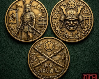 Japanese Samurai Warrior Coin Set of 3, Antique Bronze Bushido Token Pack, Unique Father Day Gift for Dad Husband Men