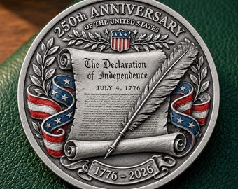May include: A circular silver-toned commemorative coin featuring the text 250th ANNIVERSARY OF THE UNITED STATES, The Declaration of Independence, JULY 4, 1776, and 1776-2026. The design includes a scroll, a quill pen, a shield, and red, white, and blue ribbons.