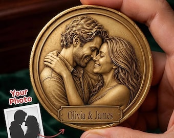 Custom Couple Photo Coin, Personalized 3D Gold Metal Coin, Wedding Portrait Keepsake, Anniversary Gift