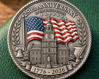 America 250th Independence Hall Coin, Antique Silver 1776-2026 Commemorative Coin, Patriotic History Gift