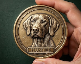 Custom Metal Coin: German Shorthaired Pointer Realistic Pet Portrait, Personalized Name Engraved Keepsake