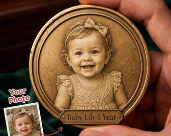 Personalized Baby Picture Coin, 1st Birthday Gift for Daughter, Custom Portrait Token, Baby Girl Keepsake, Custom Photo Coin