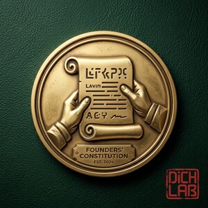 May include: A gold-colored medallion with a detailed relief design. The central image depicts hands holding a scroll with stylized text. The scroll reads "LAVIN" and "AEY". The medallion also features the text "FOUNDERS' CONSTITUTION EST. 2024".
