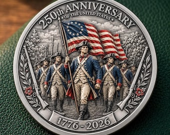 May include: A circular silver-toned commemorative coin featuring a relief of Revolutionary War soldiers marching with an American flag. The text reads 250th ANNIVERSARY OF THE UNITED STATES and 1776-2026. The design includes rifles and floral accents.