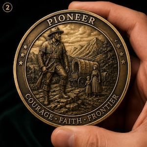 May include: A circular bronze-toned commemorative coin featuring a relief design of a pioneer standing with a rifle, a covered wagon, and two figures. The text PIONEER is at the top, and COURAGE, FAITH, FRONTIER is inscribed along the bottom edge.
