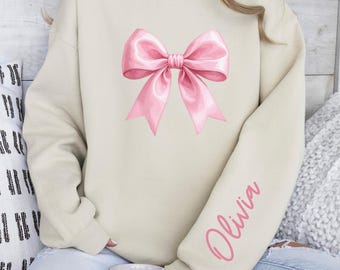 Custom Name Pink Bow Sweatshirt, Coquette Crewneck or Hoodie