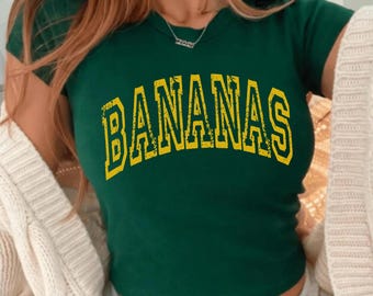 Banana Baseball Baby Tee, Retro Sports Bananas Graphic Tee, Vintage College Style Shirt, Funny Fruit Y2K Crop Top