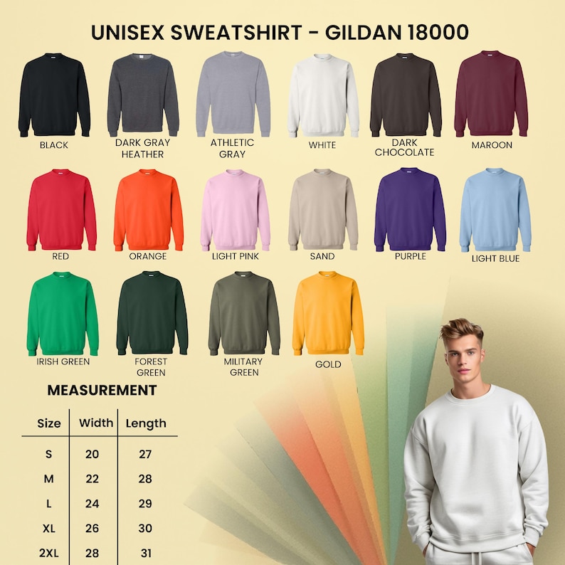 May include: A product image showcasing a variety of Gildan 18000 unisex sweatshirts in various colors, including black, gray, red, orange, and green. The image also displays a measurement chart with sizes ranging from S to 2XL, with width and length measurements in inches.