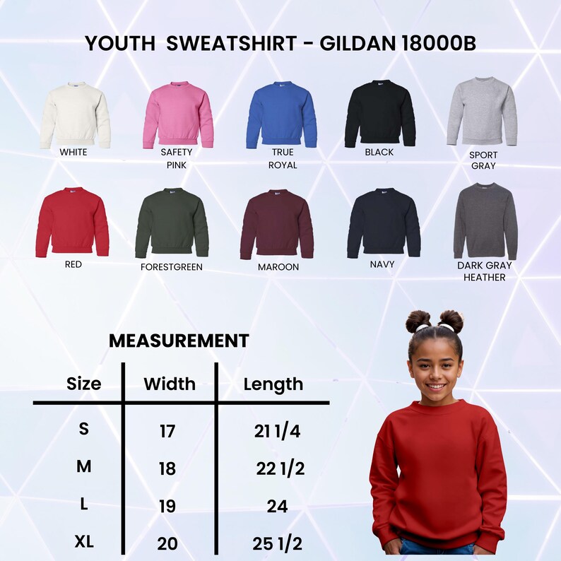 Op de afbeelding: Een jeugd sweatshirt in diverse kleuren, waaronder wit, roze, blauw, zwart en grijs. De afbeelding toont het Gildan 18000B model, met een maattabel van S tot XL. Het sweatshirt wordt in rood getoond op een jonge persoon.