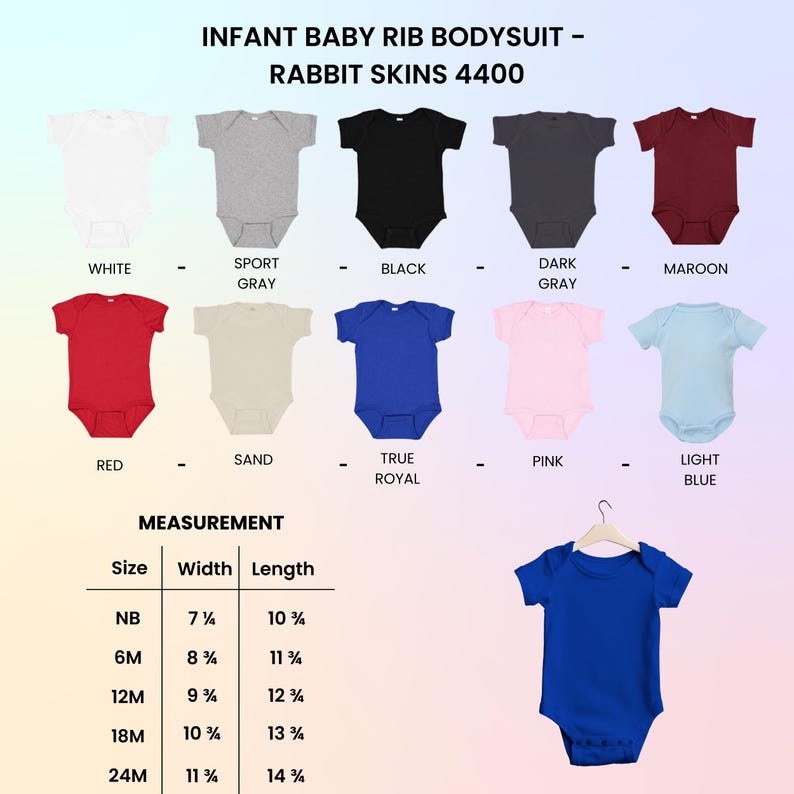 May include: Infant baby rib bodysuits in various colors, including white, gray, black, red, and blue. The image displays a size chart with measurements in inches for different sizes, from newborn to 24 months. The text "Rabbit Skins 4400" is also visible.