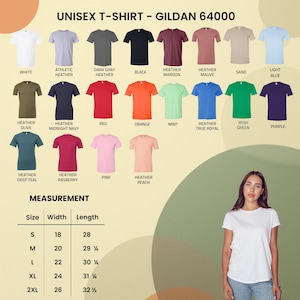 May include: A display of Gildan 64000 unisex t-shirts in various colors, including white, black, red, and blue. The image also shows a size chart with measurements in inches for width and length, ranging from size small to 2XL.