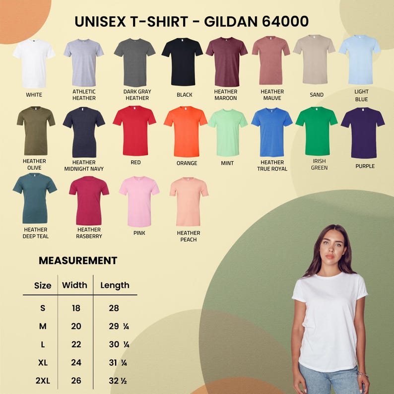 May include: A display of Gildan 64000 unisex t-shirts in various colors, including white, black, red, and blue. The image also shows a size chart with measurements in inches for width and length, ranging from size small to 2XL.