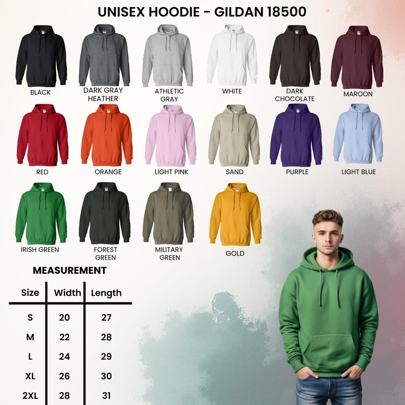 Op de afbeelding: Een display van unisex hoodies in diverse kleuren, waaronder zwart, grijs en rood. De afbeelding bevat een maattabel met afmetingen in centimeters. De tekst bovenaan luidt "UNISEX HOODIE - GILDAN 18500".